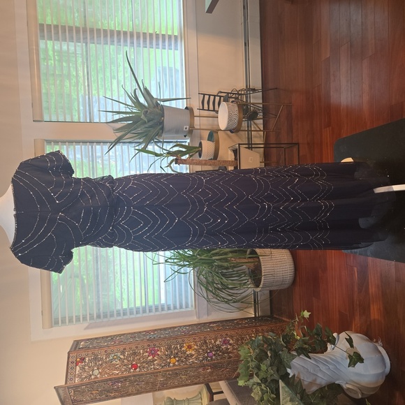 Adrianna Papell Blouson Short Sleeve Embellished Beaded Maxi Gown Navy Size 4 - Picture 9 of 14